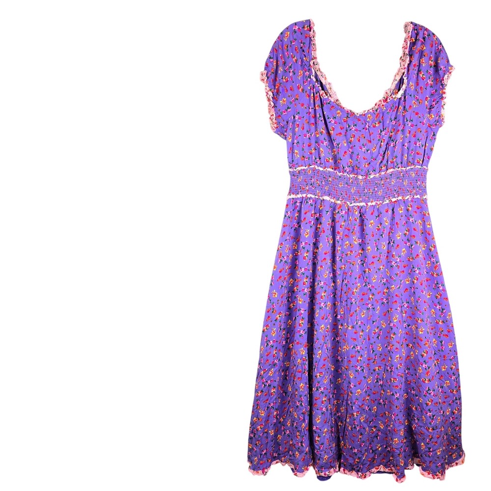 Betsey Johnson Dress Womens XXL Purple Floral Smocked Midi Ruffle Boho Romantic